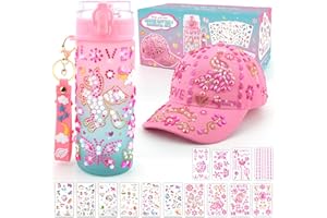 Geburtstag Geschenk Mädchen 4 5 6 7 8 9 10 11 12 Jahre, Weihnachten Geschenke für Mädchen DIY Trinkflasche und Baseballkappe, Bastelset Kinder Selbst Gestalten Kappe mit Edelstein & Aufklebern
