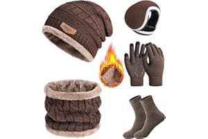 Vijamiy Set de Bufanda Gorro y Guantes Gorro de Forro Polar de Invierno Bufanda Punto Guantes de Pantalla Táctil Orejeras de Cálida Calcetines Regalos Conjunto para Hombre