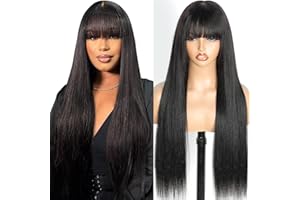 Junemet 28 Pouces Perruque Femme Naturelle Straight Glueless 2x4 Lace Wig With Bangs Perruque Sans Colle Frange Cheveux Humain Perruque Femme Brésilien Couleur Naturelle