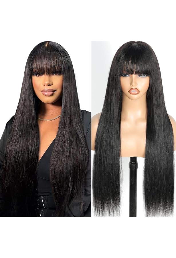 Perruque Brune Brésilienne Cheveux Humains - Avec Frange, Longueur 10", Qualité Remy