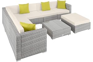 TecTake 800892 Set da Salotto in Polyrattan, Telaio in Alluminio, Poltrone + Cuscini + Poggiapiedi + Tavolo con Ripiano in Vetro, Adatto per Giardino Terrazza Salone (Grigio Chiaro)