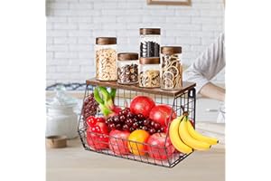 Laphontab Frutero y Organizador de Cocina Plegable | Almacenaje Apilable para Mesa y Pared | con Tabla de Madera y Ganchos | Negro, Acero al Carbono