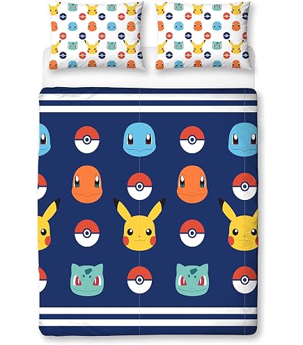 Parure De Lit Enfant Pokémon Évolution Réversible 140x200 Cm – Housse Couette + Taie 65x65 – Pikachu, Dracaufeu, Tortank, Florizarre