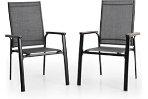 ‎MFSTUDIO MFSTUDIO Gartenstuhl 2er Set Aluminium, Textilene Balkon Stühle Stapelbar mit Holz Armlehne, Outdoor Sessel für Terrasse, Balkon, Veranda, Wetterfest