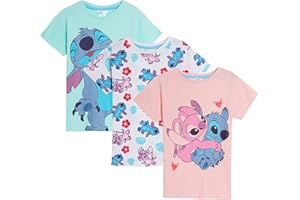 Disney Mädchen 3er Pack Lilo und Stitch T-Shirts Kinder Angel Sommer Oberteil Kurzarmshirts
