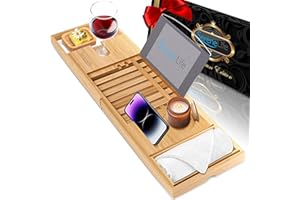 SereneLife Bandeja para bañera, Bambu, Extensible, Ajustable, Baño, Soporte para Copa de Vino, Libro, Movil, Tablet