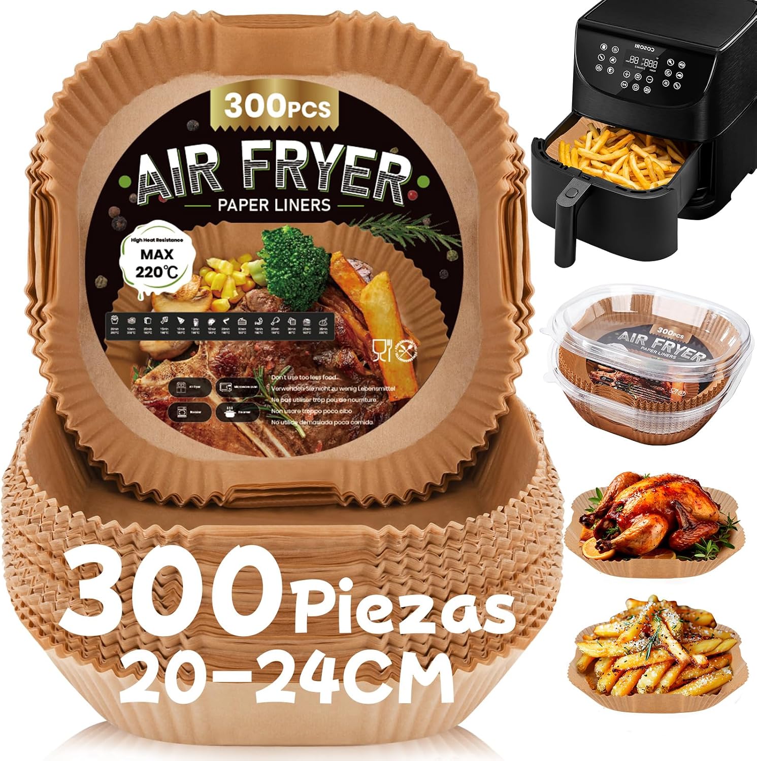300 Piezas Papel Freidora de Aire 5-8L, 20-24CM Papel Air Fryer Cuadrado, Desechable Antiadherente para Horno Microondas, Perfecto para COSORI Cecotec 5,5 6L