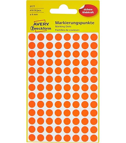 Pastilles Autocollantes Rondes AVERY 8mm - 416 Stickers Par Feuilles - Couleur Orange Mat