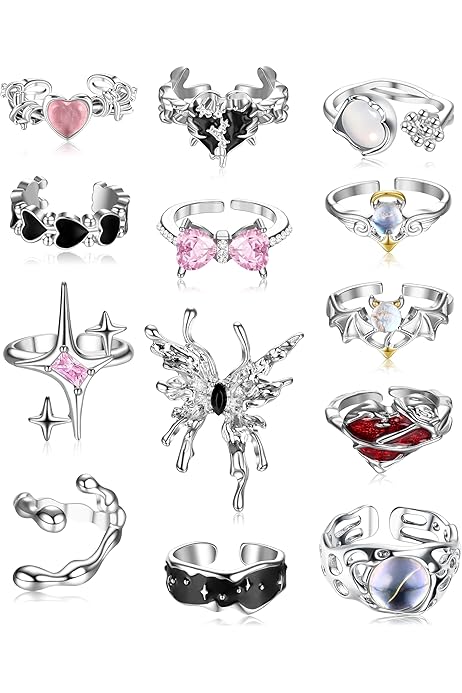 Set Di 66 Anelli Punk Vintage Argento | Stile Y2K Con Farfalle E Serpenti | Anelli Aperti E Impilabili Boh&eacute;mien