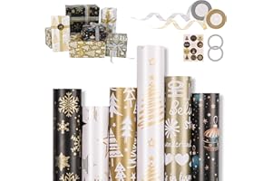 Ambesty 6 Rouleau de Papier d'emballage de Noël, 43 x 300cm Rouleau de Papier d'emballage Cadeau, Rouleaude papier cadeau pour Noël avec 2 Rubans, pour Emballer les Cadeaux