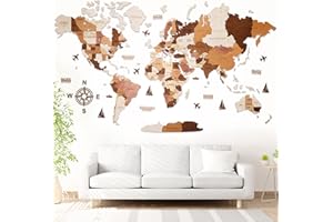 WOW WOOD® Mappa del Mondo in Legno 3D in Italiano - Decorazioni murali di alta qualità | Montaggio a parete senza attrezzi | Idea regalo per ogni ricorrenza (85.00 x 160.00 cms, Colore del legno)