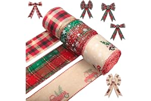 JNUYISW Cinta de Navidad con Cable, 3 Rollos de Cinta de arpillera a Cuadros de búfalo Rojo con Borde de Alambre, Cintas de Navidad para Envolver Regalos, árbol de Navidad, Manualidades, decoración