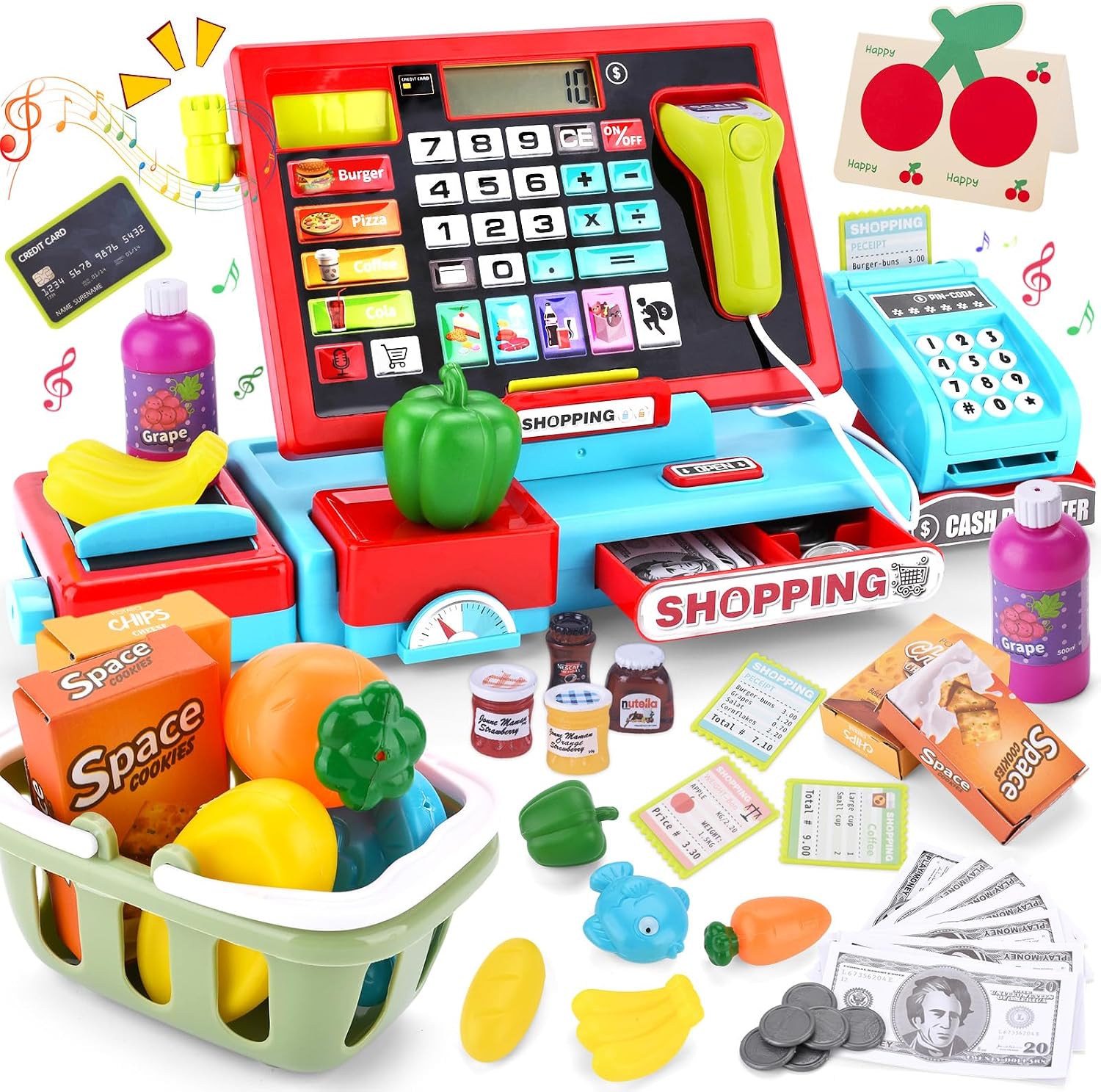 JOTOL Caja Registradora Juguetes para Niños,Caja Registradora de Caja de Juguete,Electrónica Registradora con Escáner,Micrófono,Comida Juguetes,Tienda Supermercado Regalo para Niñas Niños 3+Años