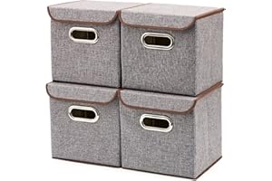 EZOWARE Set of 4 Linen Fabric Foldable Storage Cubes with Lid, 14L Collapsible Organiser Containers Bins for Kids Nursery, Closet, Bedroom (25cm x 25cm x 25cm) - Grey