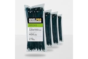 NIVELPRO Bridas de plastico, 3'6 x 150 mm, 400 unidades, Bridas resistentes exterior e interior, Diferentes tamaños, Bridas de cremallera, Color negro