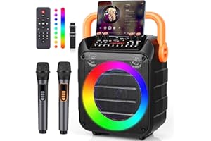 CARASTEK Machine de Karaoké avec 2 Micro sans Fil pour Adultes Enfants,Haut-Parleur Portable Bluetooth avec lumières LED,Portable Système Karaoké Supporte TV/TWS/FM/AUX/USB/TF/REC pour Fête Anniversaire Maison