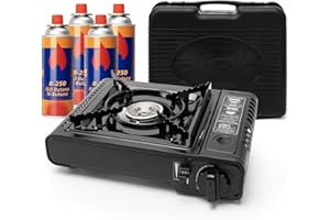 BESCH Hornillo de Gas Portátil para Acampada con Maletínn + 4 Cartucho de Gas Butano - Estufa de Camping con Protecc'on contra Sobrecalentamiento Compatible con Cartuchos de Gas Butano