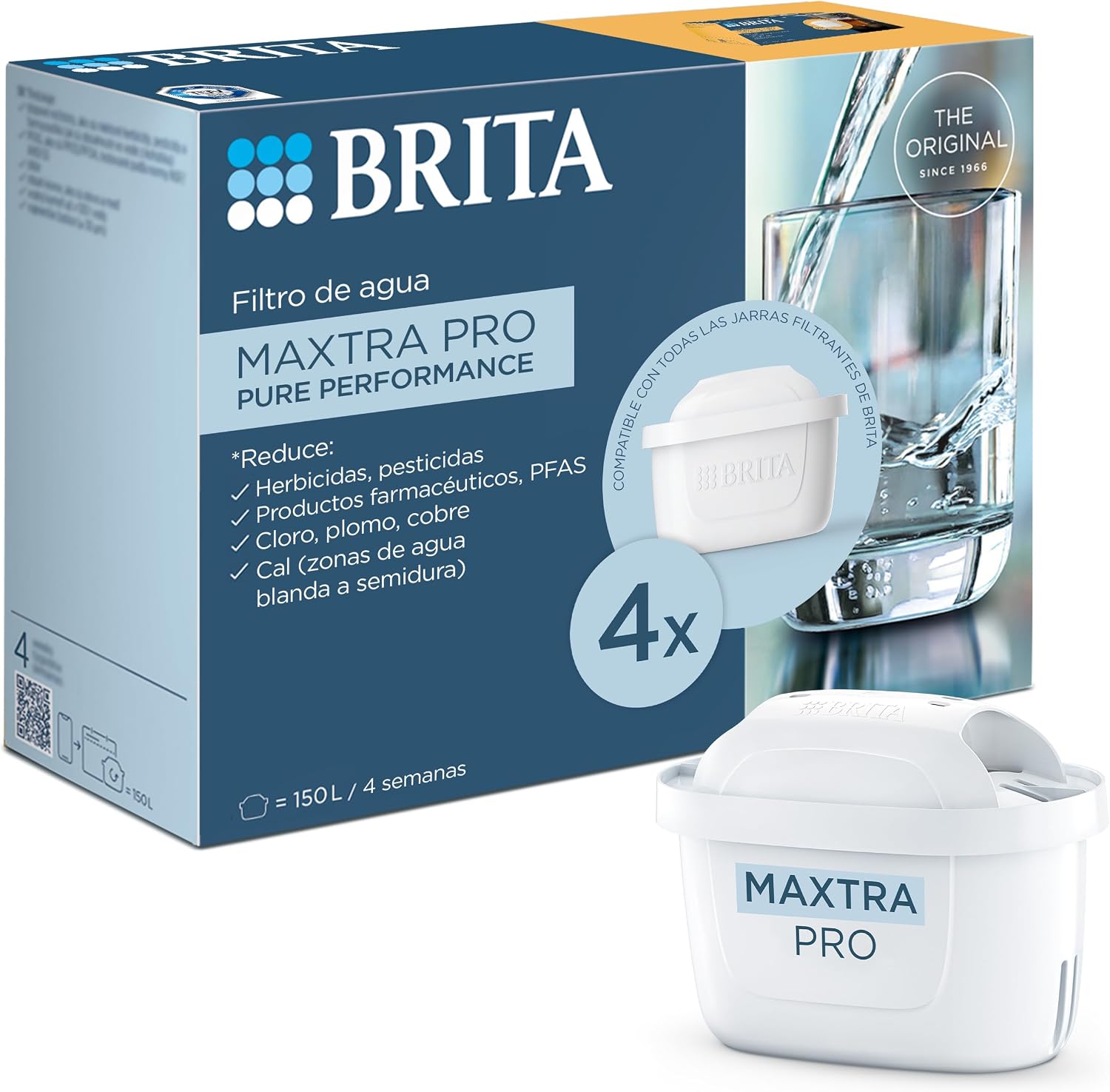 BRITA Cartucho Filtrante de Agua MAXTRA PRO Pure Performance (All-in-1) Pack 4 | Recambio original para todas las jarras BRITA para agua de sabor puro - filtra PFAS, cloro, cal y metales