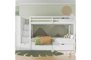 Azkoeesy Litera Infantil de 90 x 200 cm con escaleras, 2 cajones, 4 Cajas de Almacenamiento, estantería de pie, Cama Infantil para 2 niños y Adolescentes, Color Blanco