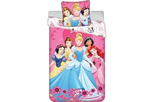 JERRY FABRICS Juego de cama Princesas Disney Hearts, 100% algodón, funda nórdica reversible y funda de almohada, con Ariel, Jasmine, Cenicienta, Bella y Blancanieves
