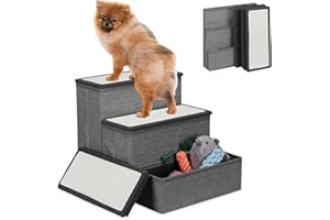 Relaxdays Schody dla psa, 3 stopnie, z miejscem do przechowywania, dla psów i kotów, wys. x szer. x gł.: 39 x 40 x 49 cm, składane schody dla zwierząt, szaro-białe