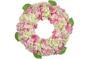 Oairse Artificial Hydrangea Wreath 50cm Farmhouse Spring Summer Wreath for Front Door, Faux Flower Garland for Indoor Outdoor Wall, Porch or Window Decoration, Pink All Season Floral Wreaths