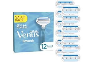 Gillette Venus Smooth Women's Razor Blade Refills, Pack of 12, 3 curve-hugging blades surrounded by protective cushions