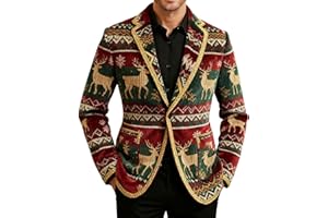 JIANGML Herren-Weihnachtsanzug Cord Weihnachtsblazer Rentier Druck Weihnachtsjacken Lustig Weihnachtsmotiv Weihnachtssakko Festliches Outfit Lässiger Button Mantel Leisure Jacket Männer Party Kostüme Xmas