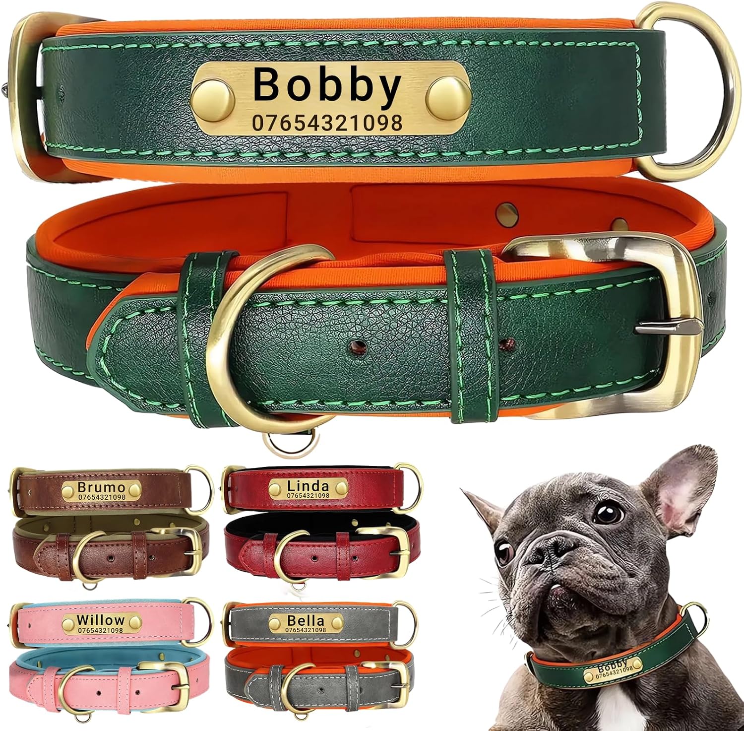SEOUGEE Genuine Leather Dog Collar Personalised, Soft Padded Leather Dog Collars Heavy Duty with Custom Engraved Name Plate Adjustable for Small Medium Large Dogs (M, Green 28-37cm)