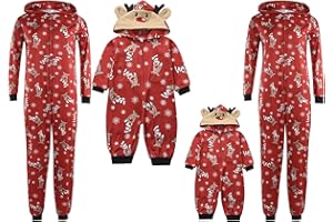 Carolilly Pyjama de Noël Famille Motif des Cerfs Combinaison Jumpsuit Barboteuse Romper Rouge