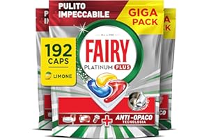 Fairy Platinum Plus Pastiglie Lavastoviglie, 192 Capsule, Limone, Detersivo Con Tecnologia Anti-Opaco, Contro Grasso e Incrostazioni Ostinate Anche nei Cicli Brevi