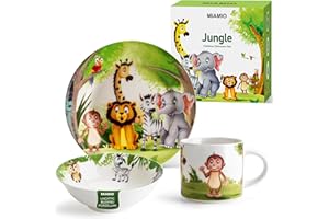 MIAMIO - 3er-Set Kindergeschirr/Porzellan Kinderbesteck, Kindergeschirr-Set aus Porzellan - Inklusive Teller, Schüssel und Tasse - Für Kinder und Kleinkinder (Dschungel) Jungle Grün