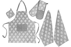 Olivia Rocco Kitchen Sets Apron Double Oven Gloves Towel Set Heat Resistant Oven Mitts Pot Holder for Home Kitchen Baking and Cooking Pack of 5, Trees Silver