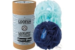 Temple Spring Pouf da doccia riciclato, Eco Riciclato, Spazzola per il corpo, Spugna a rete, Esfoliante Scrunchie, articoli da toeletta, palline di schiuma (Blu oceano)