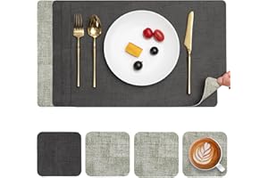 Myir JUN Podkładki stołowe, zmywalne, ze skóry i podstawki, dwustronne podkładki, zestaw 4 szt., antypoślizgowe podkładki ze skóry syntetycznej (szaro-zielone, zestaw 4 szt.)