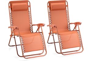 VonHaus Zero Gravity Chairs Set of 2 - Reclining Sun Loungers for Garden - Textilene Folding Sunloungers with Detachable Headrest - Fold Away 2 Set Deck Chairs for Outdoor, Patio (Rust Orange)