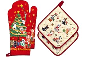 ‎ARQUIEL Arquiel Ofenhandschuh und Topflappen Weihnachten Baum Katze 4er Set, 100% Baumwolle Kochhandschuhe, Hitzebeständiger Küchenhandschuh zum Kochen, Weihnachten Küche Dekor Geschenke für Frauen