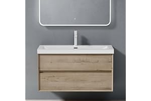 doporro Badmöbel Set Waschtischunterschrank Waschtisch mit Unterschrank Wandhängender Waschbecken-Unterschrank mit Soft-Close in Eiche Greige 100cm inkl. Mineralguss-Waschbecken Rimo