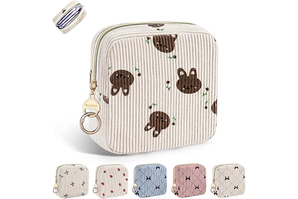 Pochette Serviettes Hygiéniques pour Tampons Protège Slip Culotte Menstruelle Sac Rangement avec Fermeture Éclair pour Serviette Hygiénique Cadeau Premieres Régles Jeune Fille(Beige-Lapin)