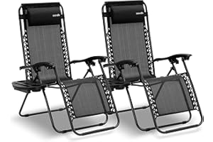 SereneLife Zero Gravity Lounge Chair, Adjustable Steel Mesh Recliners, with Removable Pillows and Cup Holder Trays, Side Tables, Set of 2, Black