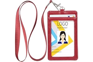 Teskyer Porta Tarjetas Identificativas Vertical de Cuero PU - Una Ventana Transparente, 2 Ranuras Para Tarjetas, Rojo