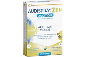 AUDISPRAY ZEN – Audition clair - Acouphènes - Bourdonnements et de sifflements d'oreille - Endormissement rapide, réduction du stress - Complément alimentaire - Ginkgo biloba - 60 comprimés