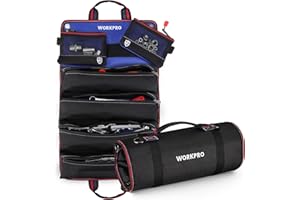 WORKPRO Borsa portautensili arrotolabile, borsa multiuso arrotolabile, 57 x 36 cm, organizer per rotoli di attrezzi, 6 tasche, tessuto Oxford 720D, per elettricisti/falegnami/idraulici