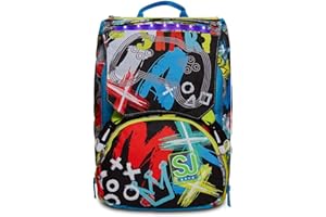 SJ GANG STYLE JAM GANG SJ Gang Zaino Scuola Estensibile, Giallo Blu, Gritzled Boy, Zaino Doppio Scomparto Estensibile Con Led Luminoso e Pattine Sfogliabili, Scuola Elementare e Tempo libero, Bambino