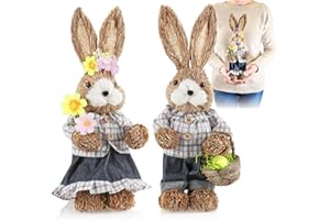 com-four® 2X XL Stroh Osterhase handgemacht - 33 cm Deko-Osterhase zur Osterdekoration - Strohfiguren für Ostern - Deko-Hase aus Stroh - handgefertigte Hasen (02 Stück - weiß/rot/grün kariert)
