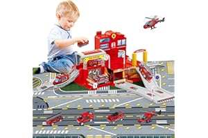 deAO Poste de Pompiers avec Camion de Pompiers, Hélicoptère, Construction d'un Bureau de Pompiers, Ensemble de Base Pompier pour Enfants avec Carte pour Garçons et Filles à partir de 4 5 6 7 Ans