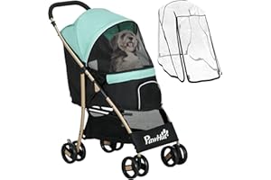 PawHut Dog Stroller with Rain Cover, Foldable Dog Pram, 4 Wheels Pet Pushchair with Safety Leashes, for Small, Miniature Dogs, Cats - Green