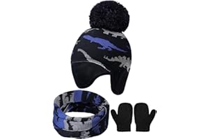 GEYOGA Baby Boy Hat Scarf Mittens Set Winter Warm Hat Knitted Beanie Gloves Toddler Fleece Mittens Earflaps