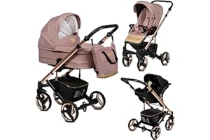 EMJOT Poussette Combinée Trio 3 en 1 Neri Edition Exclusive RoseGold Rose Poudré – Landau, poussette promenade, siège auto "i-Size" Groupe 0+ - Livrée avec ses accessoires.