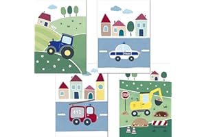 LALELU-Prints | 4er Set Bilder Kinderzimmer | Süße Fahrzeuge | genau das Richtige für kleine Jungs | perfekt fürs Babyzimmer (DIN A4 ohne Rahmen)